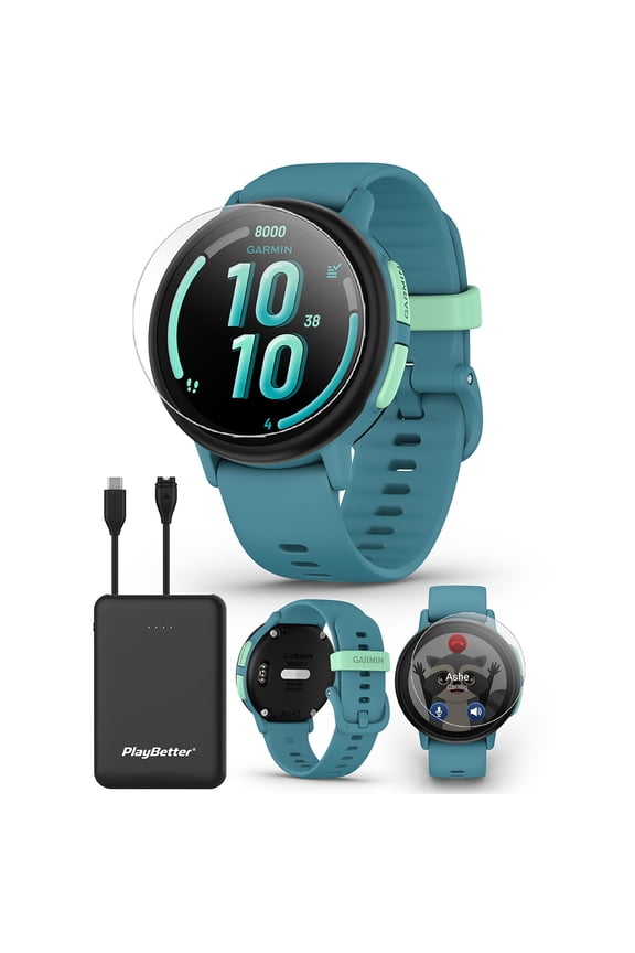 Garmin Bounce 2 (Turquoise) Kids GPS Smartwatch Bundle with PlayBetter Portable Charger & HD Screen Protectors