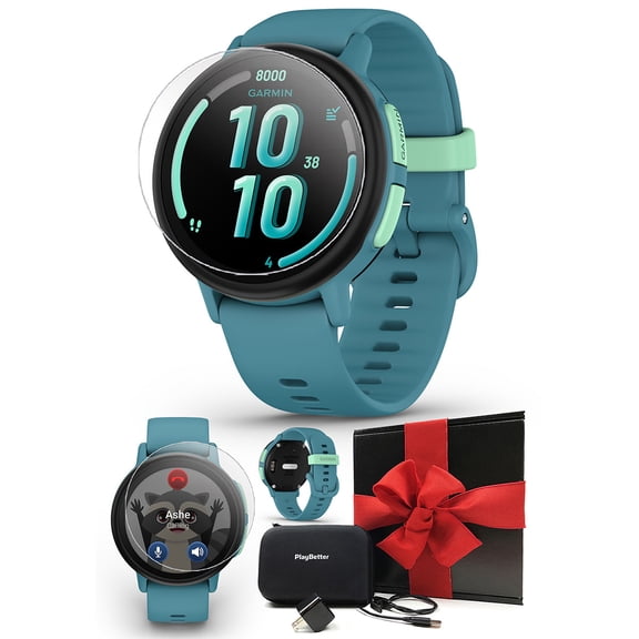 Garmin Bounce 2 (Turquoise) Kids GPS Smartwatch Gift Box Bundle with PlayBetter HD Screen Protectors, Wall Adapter & Hard Case