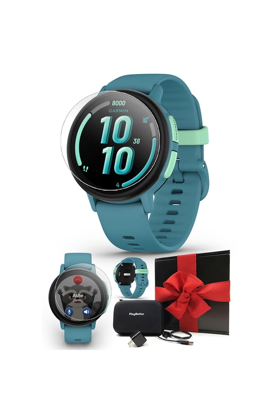 Garmin Bounce 2 (Turquoise) Kids GPS Smartwatch Gift Box Bundle with PlayBetter HD Screen Protectors, Wall Adapter & Hard Case