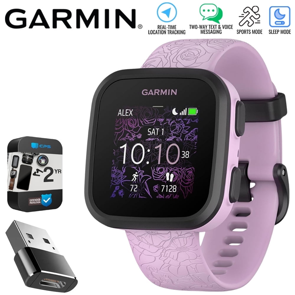 Garmin Bounce Kid Smartwatch Two-Way Text & Voice Messaging, Lilac Floral 010-02448-01 | Official USA Partner Model | Bundle with 2 Year Extended Warranty & Converter Adapter Type C Adapter