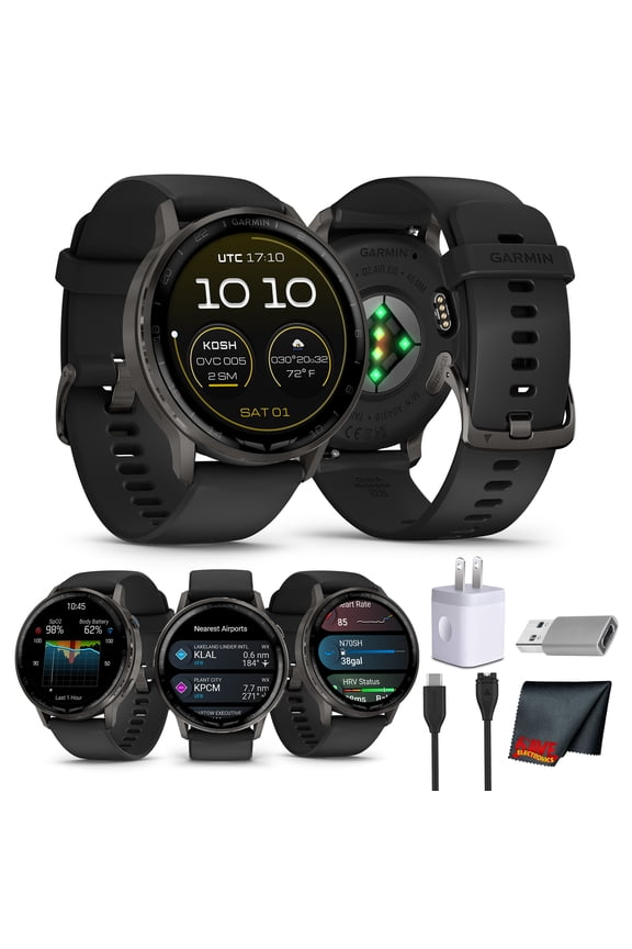 D2 Air X15 Aviation Smartwatch, 45mm AMOLED Touchscreen, GPS Direct-To Navigation, Aviation Weather, Built-In LED Flashlight, Slate with Black Silicone Band Bundle
