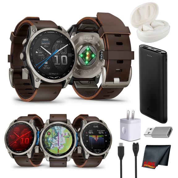 Garmin D2 Mach 2 47mm Aviator Smartwatch, AMOLED Touchscreen with GPS Moving Map, Aviation Weather Tools, Built-In LED Flashlight, Brown Leather Band Bundle