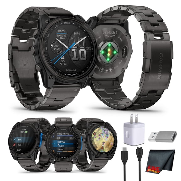 Garmin D2 Mach 2 Aviator Smartwatch, 47mm AMOLED Touchscreen, GPS Moving Map with Aviation Weather, Built-In Flashlight, Oxford Brown Leather Band Bundle