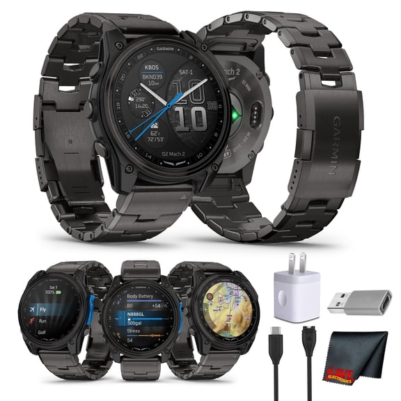 Garmin D2 Mach 2 Aviator Smartwatch, 51mm AMOLED Touchscreen, GPS Moving Map with Aviation Weather, Sapphire Lens, Built-In Flashlight, Carbon Gray DLC Titanium with Vented Bracelet Bundle