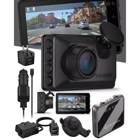 Garmin Dash Cam X110, HD, Built in Clarity Polarizer, Voice Controlled, GPS, 2.4” Display, Automatic Recording with Garmin Constant Power Cable & Suction Cup Mount with Wearable4U Power Bank Bundle