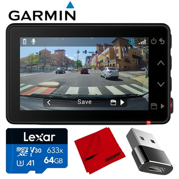 Garmin Dash Cam X210 1440p HD, 140-degree FOV, Clarity Polarizer, Voice Control, GPS 010-02859-00 Bundle with Lexar 64GB Memory Card, Deco Essential Converter Adapter and Microfiber Cleaning Cloth