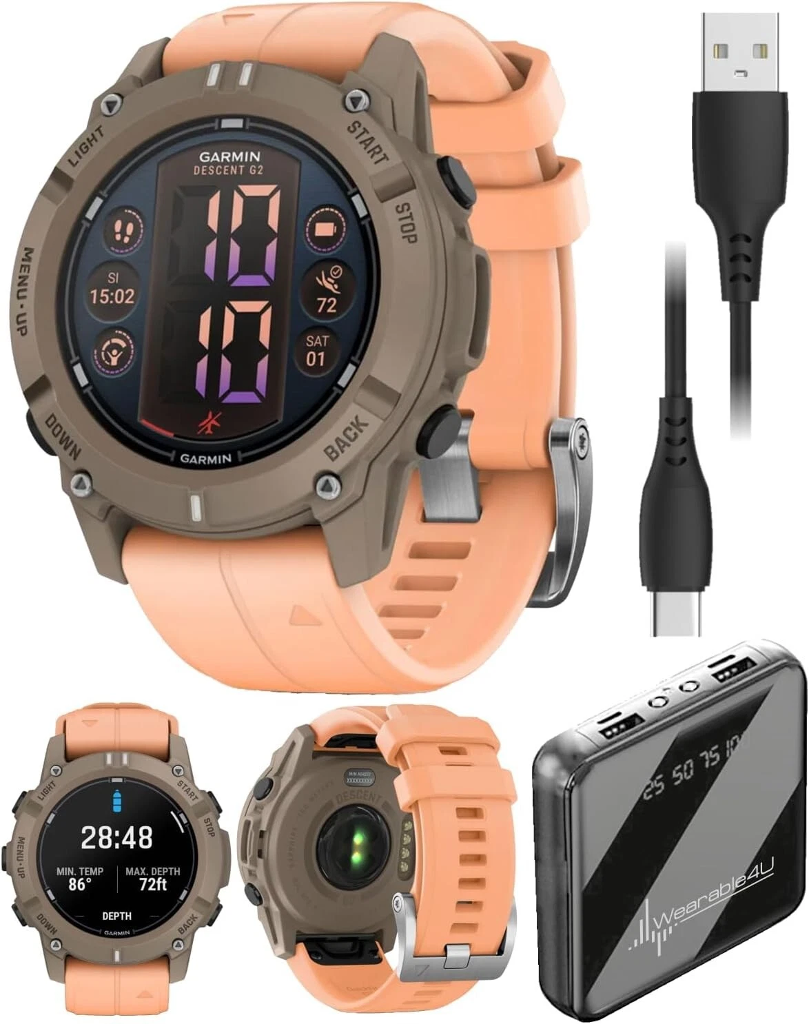 Garmin Descent G2 Watch-Style Dive Computer Smartwatch Paloma with Shell Pink Band with Power Bank Bundle