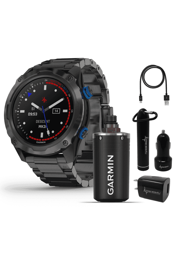 Garmin Descent Mk2i/Descent T1 Bundle, Watch-Style Dive Computer with Wearable4U Power Pack Bundle (Titanium Carbon Gray DLC with DLC Titanium Band)
