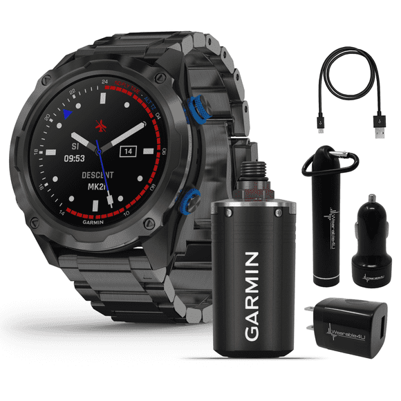 Garmin Descent Mk2i/Descent T1 Bundle, Watch-Style Dive Computer with Wearable4U Power Pack Bundle (Titanium Carbon Gray DLC with DLC Titanium Band)