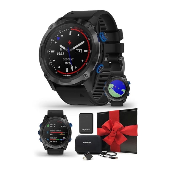 Garmin Descent Mk2i (Titanium Carbon Gray DLC/Black) Dive Computer Smartwatch Gift Box Bundle | PlayBetter Charger, Wall Adapter, & Hard Case | Diving Watch