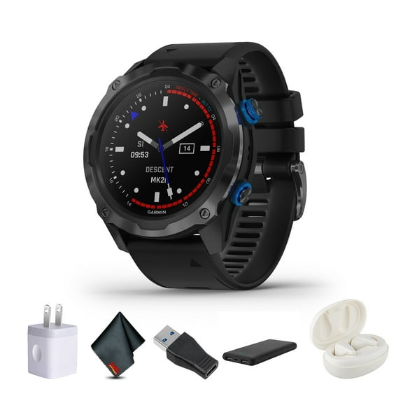 Garmin Descent Mk2i, Watch-Style Dive Computer with Air Integration, Multisport Smartwatch, Titanium Carbon Gray DLC with Black Band Bundle With Microfiber Cleaning Cloth + Wireless EarBuds