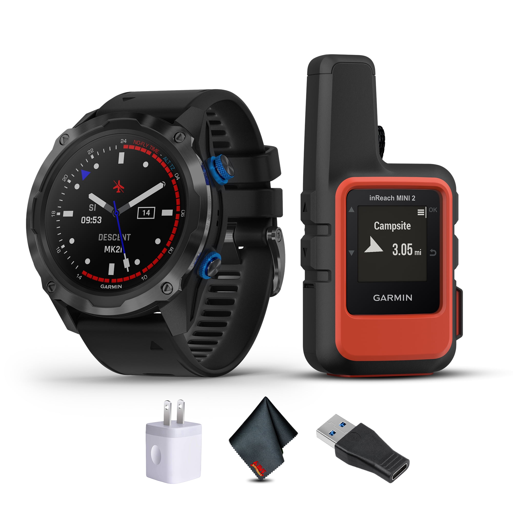 Garmin Descent Mk2i, Watch-Style Dive Computer with Air Integration, Multisport Training Smartwatch, Titanium Carbon Gray DLC with Black Band Bundle With inReach Mini 2,Flame Red with GPS + More