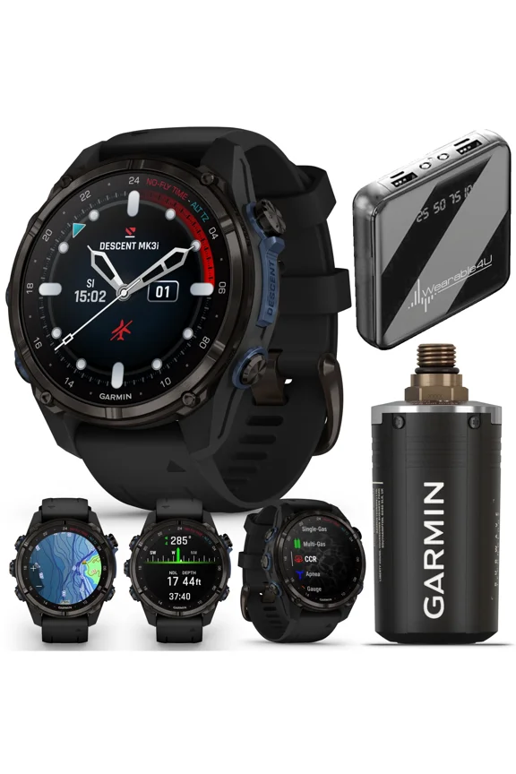 Garmin Descent Mk3i 43 mm w/T2 Transceiver: Titanium Dive Computer +Extra-Long Strap, AMOLED Display, GPS Smartwatch & Wearable4U Gift Bundle (010-02753-10)