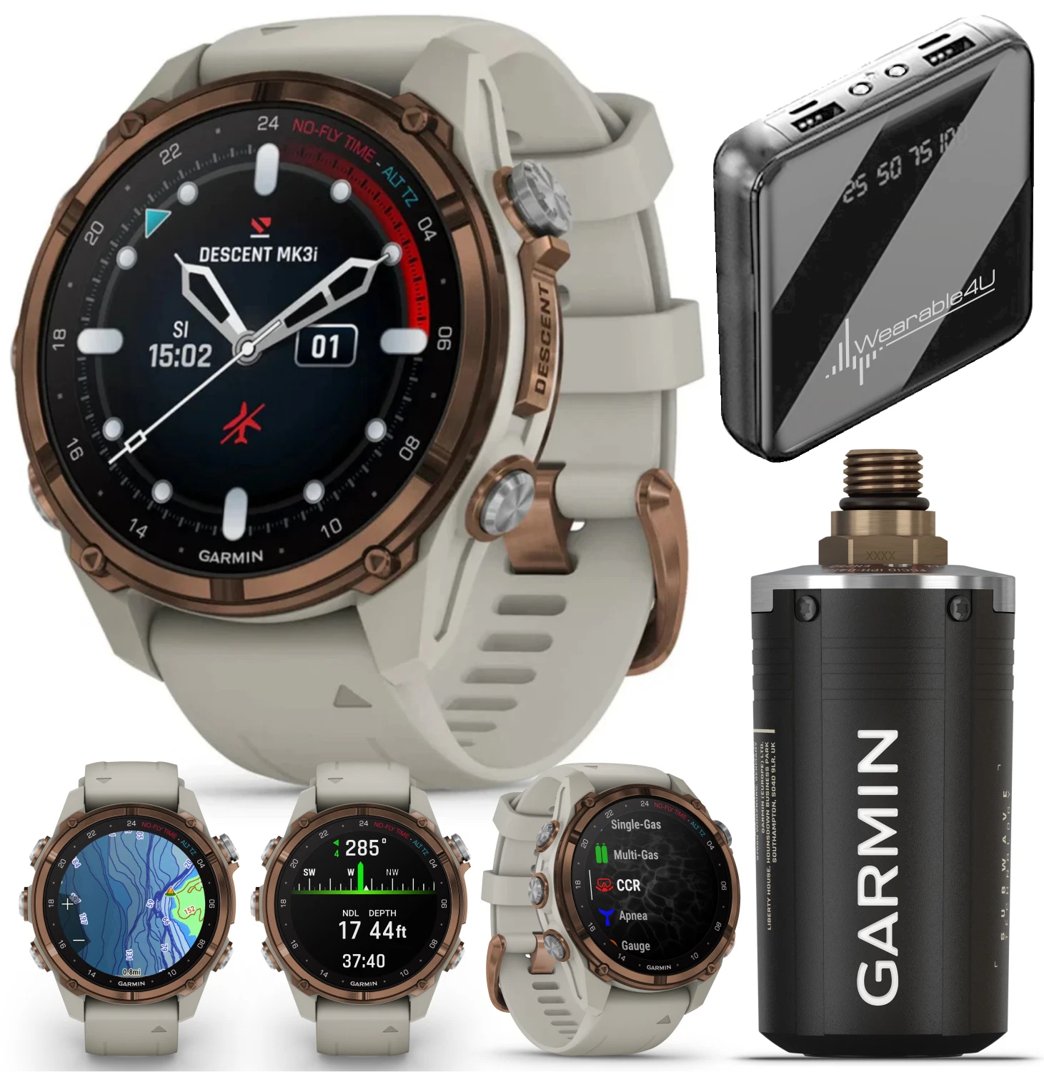 Garmin Descent Mk3i 43 mm w/T2 Transceiver: Titanium Dive Computer +Extra-Long Strap, AMOLED Display, GPS Smartwatch & Wearable4U Gift Bundle (010-02753-13)