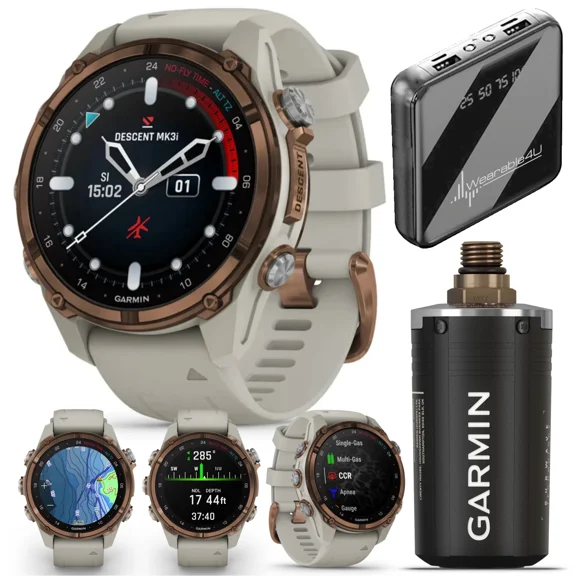 Garmin Descent Mk3i 43 mm w/T2 Transceiver: Titanium Dive Computer +Extra-Long Strap, AMOLED Display, GPS Smartwatch & Wearable4U Gift Bundle (010-02753-13)