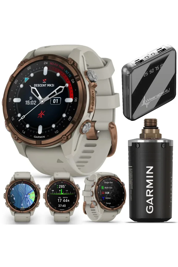 Garmin Descent Mk3i 43 mm w/T2 Transceiver: Titanium Dive Computer +Extra-Long Strap, AMOLED Display, GPS Smartwatch & Wearable4U Gift Bundle (010-02753-13)