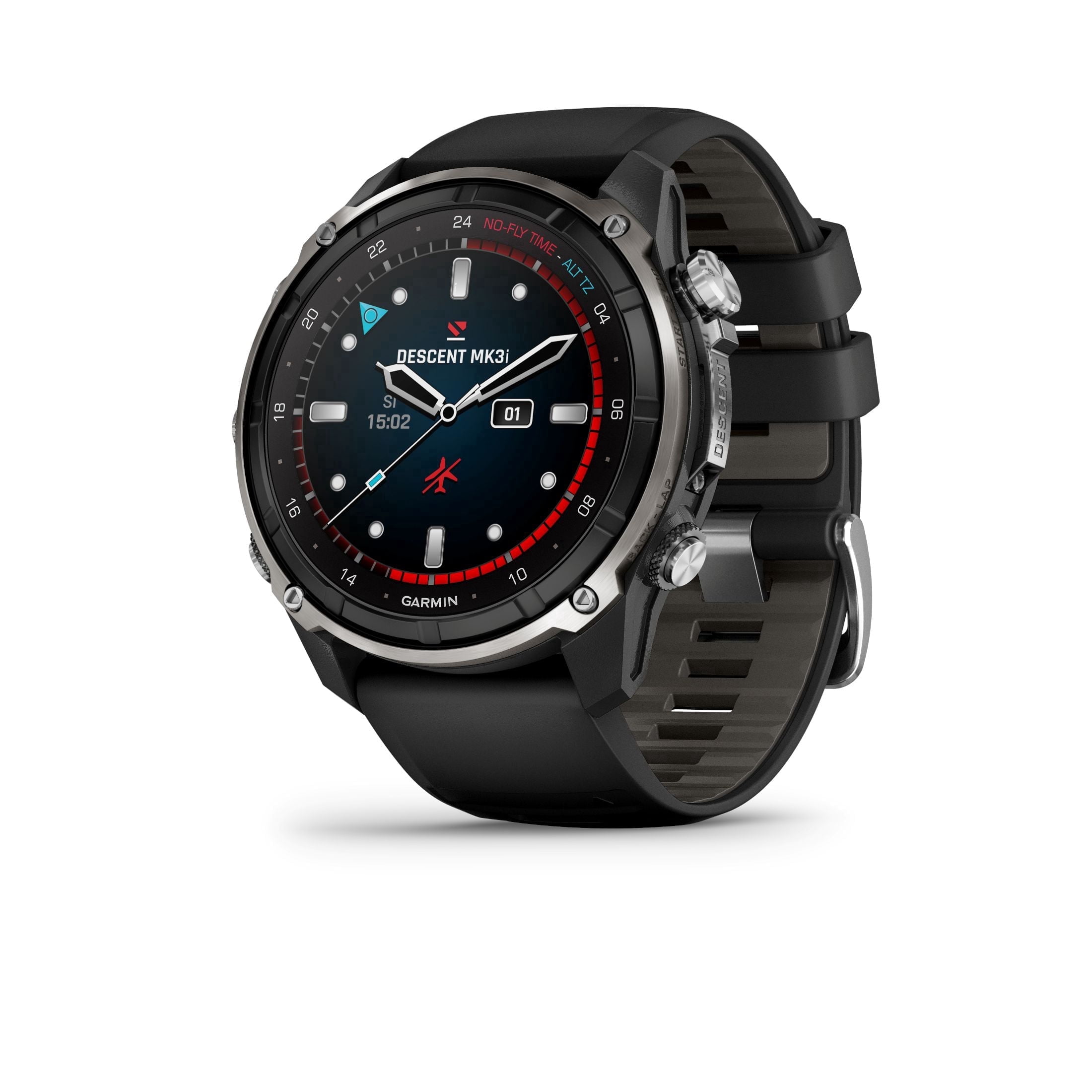 Garmin Descent™ Mk3i – 51 mm Silver and Black PVD Titanium with Black/Pebble Gray Silicone Band