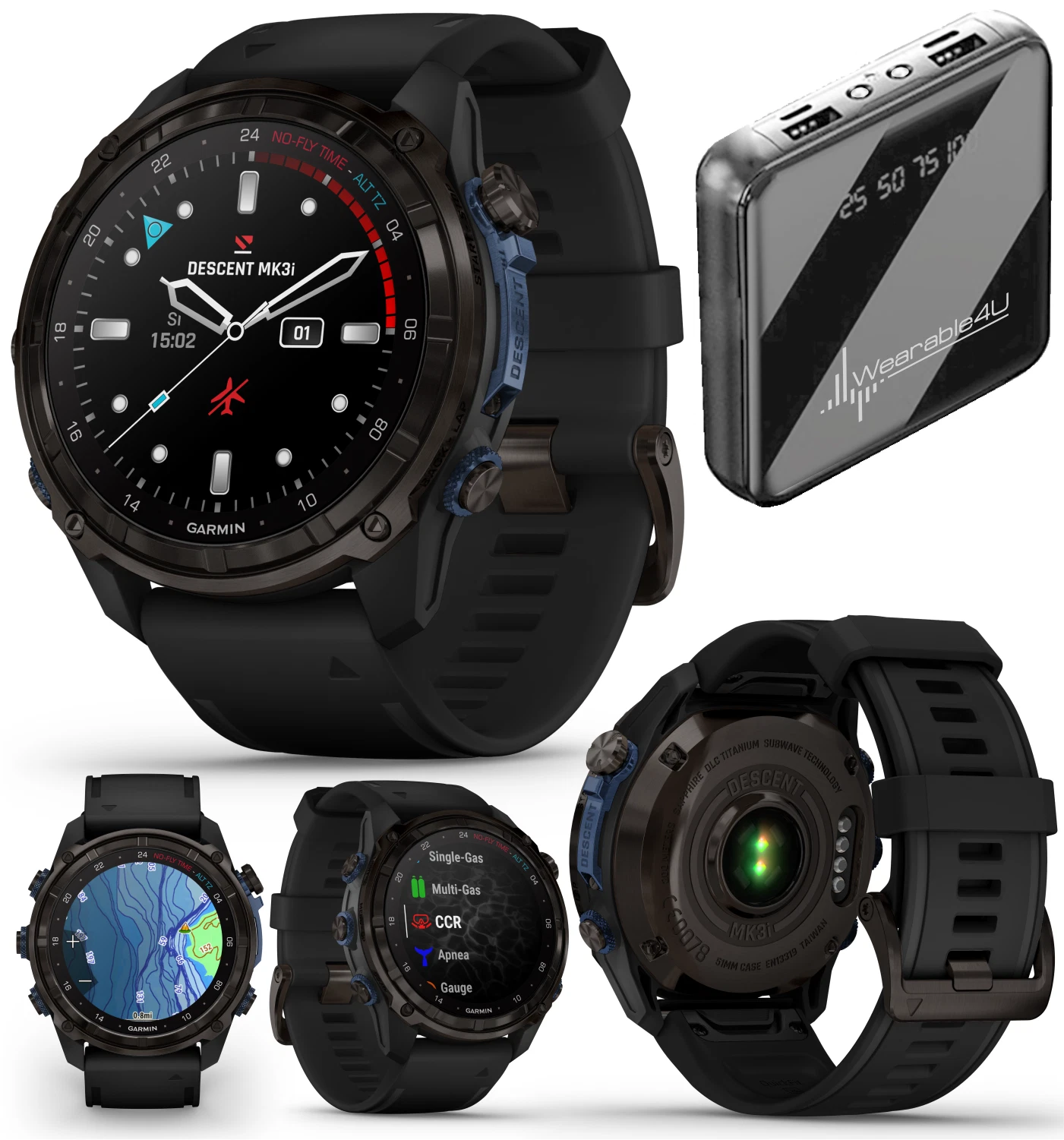 Garmin Descent Mk3i 51 mm Titanium Dive Computer +Extra-Long Strap, AMOLED Display, GPS Smartwatch & Wearable4U Gift Bundle (010-02752-10)