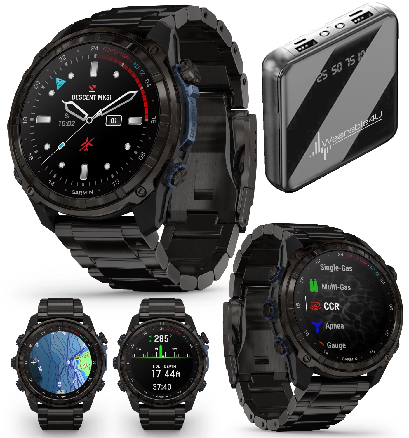 Garmin Descent Mk3i 51 mm Titanium Dive Computer +Extra-Long Strap, AMOLED Display, GPS Smartwatch & Wearable4U Gift Bundle (010-02752-13)