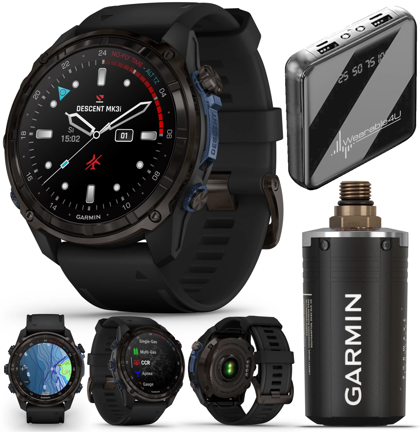 Garmin Descent Mk3i 51 mm w/T2 Transceiver: Titanium Dive Computer +Extra-Long Strap, AMOLED Display, GPS Smartwatch & Wearable4U Gift Bundle (010-02752-10)