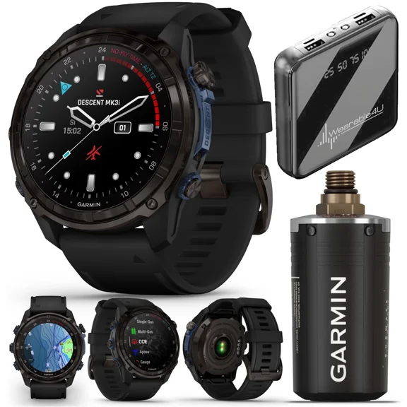 Garmin Descent Mk3i 51 mm w/T2 Transceiver: Titanium Dive Computer +Extra-Long Strap, AMOLED Display, GPS Smartwatch & Wearable4U Gift Bundle (010-02752-10)