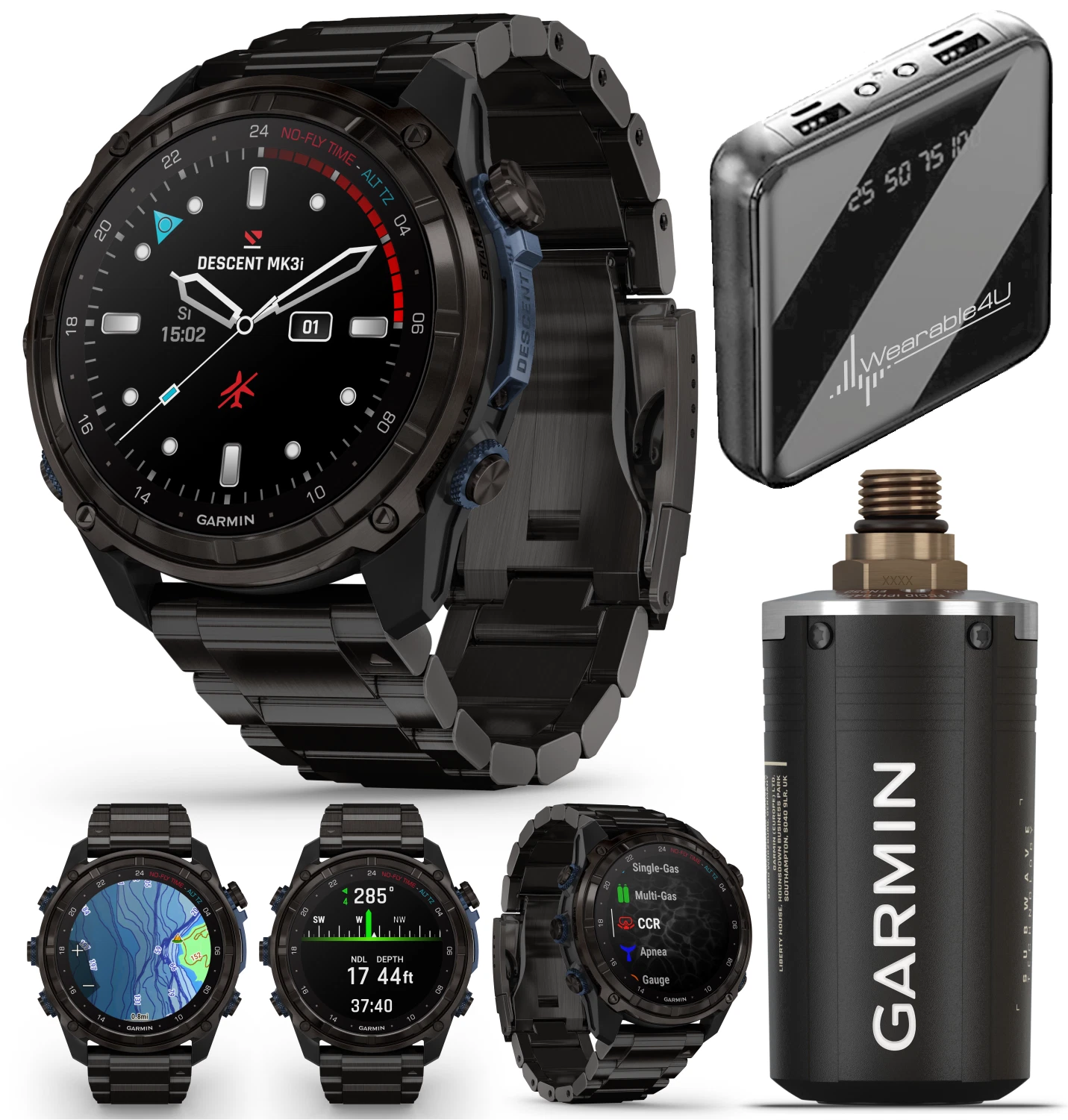 Garmin Descent Mk3i 51 mm w/T2 Transceiver: Titanium Dive Computer +Extra-Long Strap, AMOLED Display, GPS Smartwatch & Wearable4U Gift Bundle (010-02752-13)