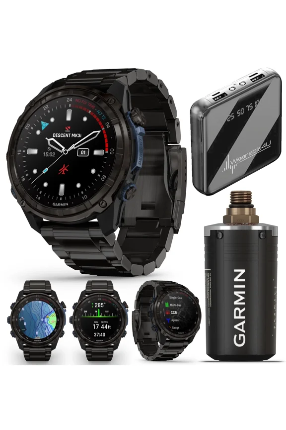 Garmin Descent Mk3i 51 mm w/T2 Transceiver: Titanium Dive Computer +Extra-Long Strap, AMOLED Display, GPS Smartwatch & Wearable4U Gift Bundle (010-02752-13)