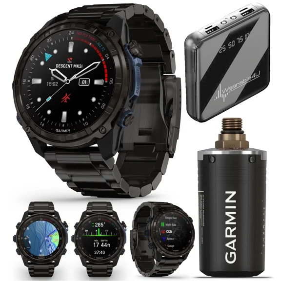 Garmin Descent Mk3i 51 mm w/T2 Transceiver: Titanium Dive Computer +Extra-Long Strap, AMOLED Display, GPS Smartwatch & Wearable4U Gift Bundle (010-02752-13)