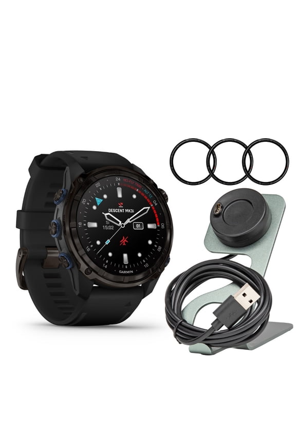 Descent Mk3i Watch-Style 51mm Dive Computer (Carbon Gray, Black Band) Bundle with Focus Camera Charger Stand for Smartwatches and Focus Camera 9H Tempered Glass Screen Protector Film (3 Items)