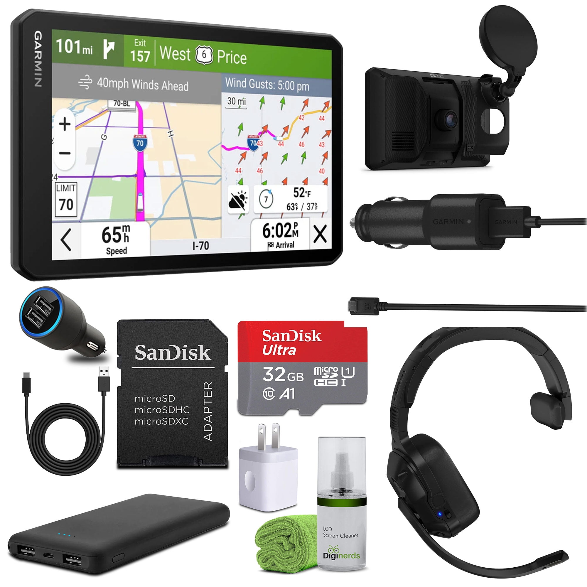 Garmin Dezl Cam OTR725 GPS Truck Navigator with Dash Cam 7" Large Display Touchscreen with dēzl Headset 210 Premium 2-in-1 Trucking Headset