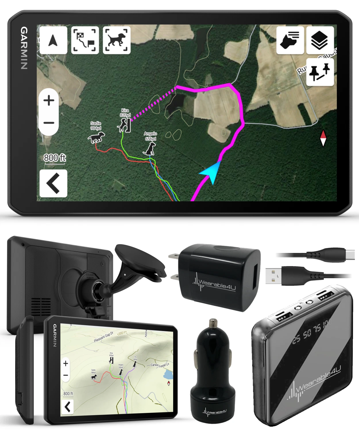 Garmin DriveTrack 72, Dog Tracking GPS Navigator, 7-inch Touch Screen, Pair to Your Garmin Handheld and Track Up to 20 Dogs w/ Wearable4U PowerPack Bundle