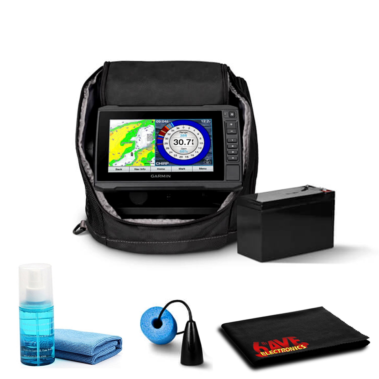 Garmin ECHOMAP UHD 73cv Ice Fishing Bundle With GT10HN-IF Transducer and  6Ave Cleaning Kit 