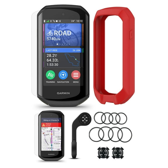 Garmin Edge 1050 Premium Cycling Computer Bundle with PlayBetter Silicone Case (Red), HD Screen Protectors, Mounts, Tether