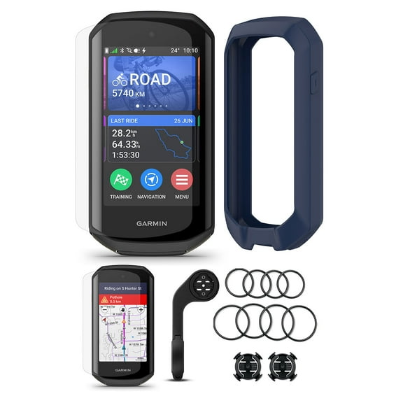 Garmin Edge 1050 Premium Cycling Computer Bundle with PlayBetter Silicone Case (Navy), HD Screen Protectors, Mounts, Tether