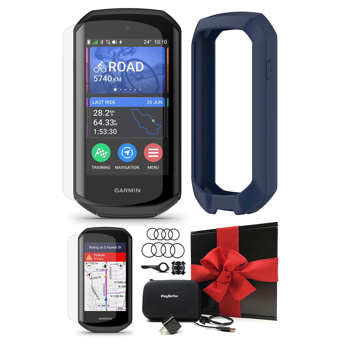 Garmin Edge 1050 Premium Cycling Computer Gift Box Bundle with PlayBetter Silicone Case (Navy), HD Screen Protectors, Wall Adapter & Hard Case