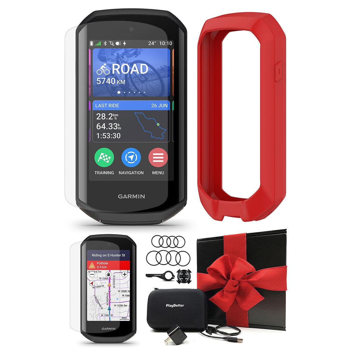 Garmin Edge 1050 Premium Cycling Computer Gift Box Bundle with PlayBetter Silicone Case (Red), HD Screen Protectors, Wall Adapter & Hard Case