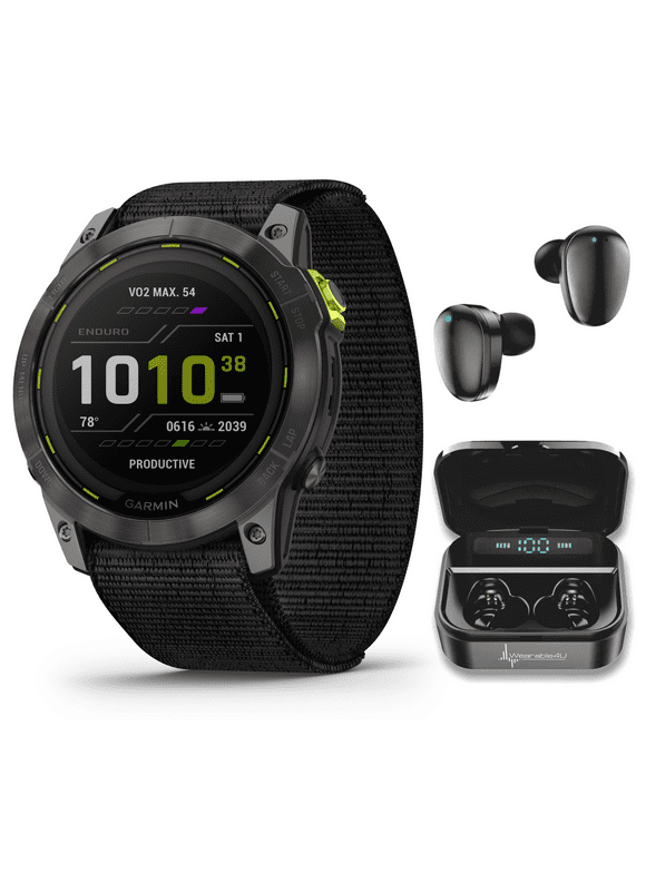 Garmin Enduro 2 Smartwatch, Carbon Gray DLC Titanium with Black Nylon Band, Long-Lasting GPS Battery Life, Solar Charging, Preloaded Maps with Wearable4U Black EarBuds Bundle