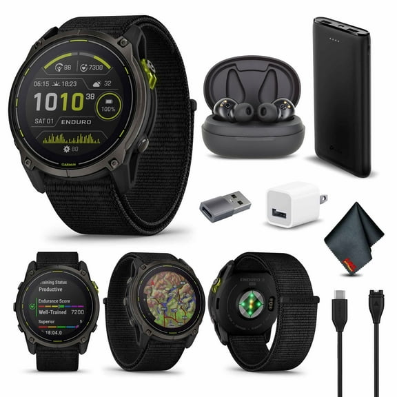 Garmin Enduro 3 Solar, Sapphire Multisport GPS Smartwatch Carbon Gray DLC Titanium with Black Ultrafit Nylon Strap Fitness Smart Watch Bundle