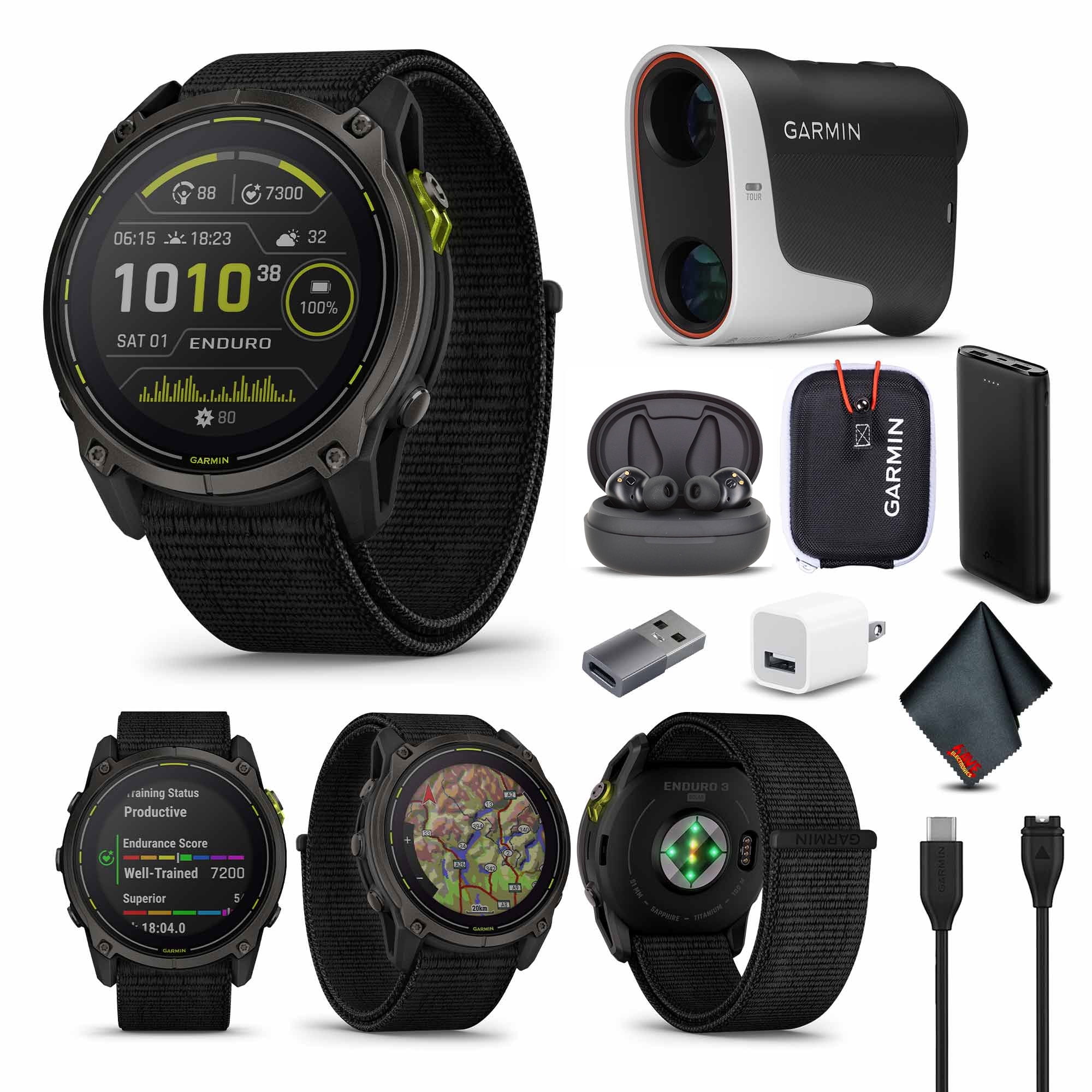 Garmin Enduro 3 Solar Sapphire Smartwatch Carbon Gray DLC Titanium with Black Ultrafit Strap, Fitness Smart Watch Bundle with Garmin Approach Z30 Golf Range Finder + More