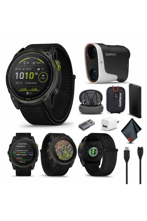 Enduro 3 Solar Sapphire Smartwatch Carbon Gray DLC Titanium with Black Ultrafit Strap, Fitness Smart Watch Bundle with Garmin Approach Z30 Golf Range Finder + More
