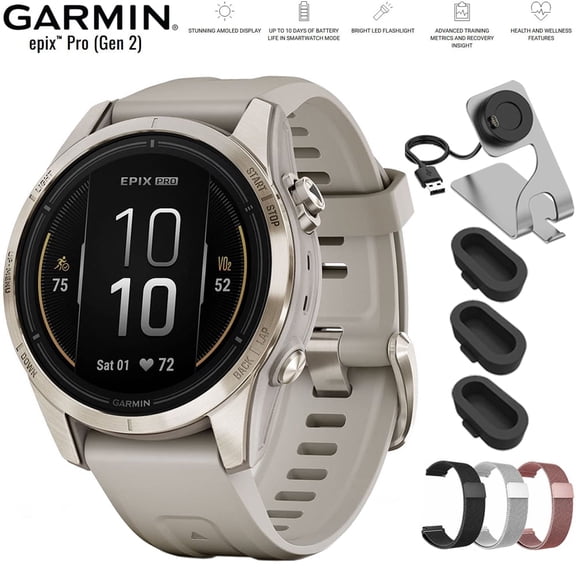 Garmin Epix Pro (Gen 2) 42mm, Sapphire Soft Gold Steel Light Sand 010-02802-10 Bundle with Deco Essentials 20mm Milanese Band 3 Pack, Charging Dock and Silicone Dust Cover 3 Pack