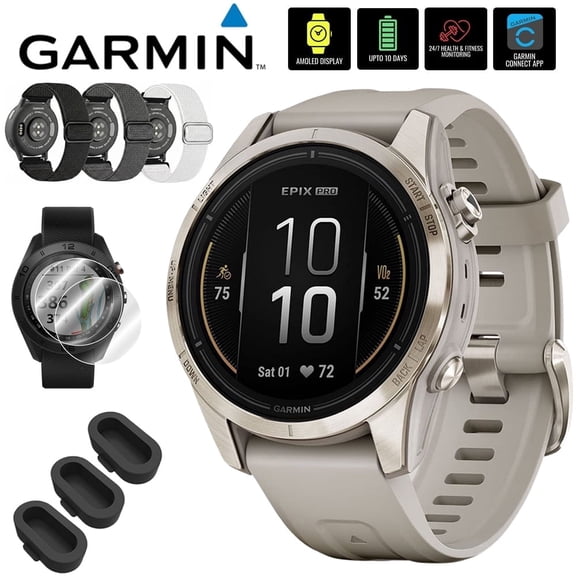Garmin Epix Pro (Gen 2), 42mm, Sapphire, Soft Gold Steel, Light Sand 010-02802-10 Bundle with Deco Essentials 3-Pack Nylon Elastic Bands, 3-Pack Silicone Dust Cover and 2-Pack Screen Protector