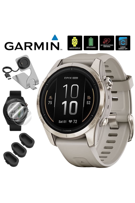 Epix Pro (Gen 2), 42mm, Sapphire, Soft Gold Steel, Light Sand 010-02802-10 Bundle with Deco Essentials Charging Dock, 3 Pack Silicone Dust Cover and 2-Pack Screen Protector