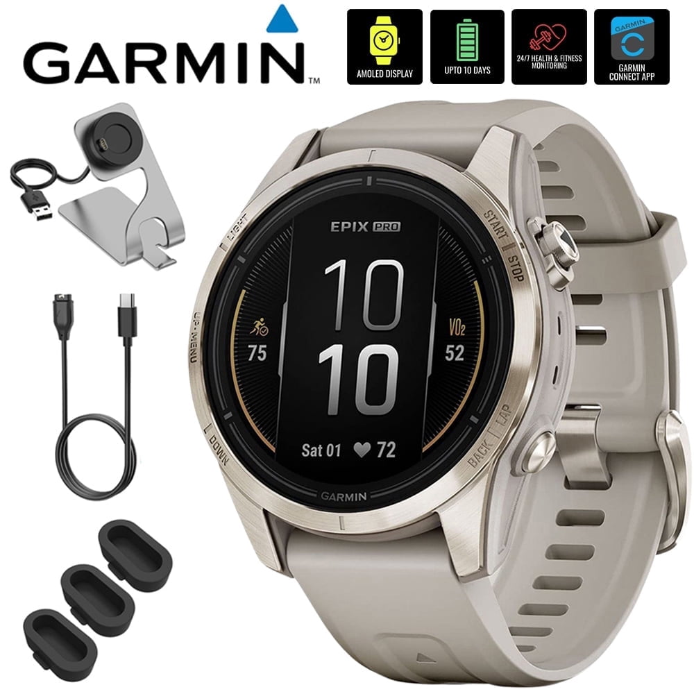 Garmin Epix Pro (Gen 2), 42mm, Sapphire, Soft Gold Steel, Light Sand 010-02802-10 Bundle with Deco Essentials Charging Dock, 3x Silicone Dust Cover and USB Type C Charging and Sync Cable