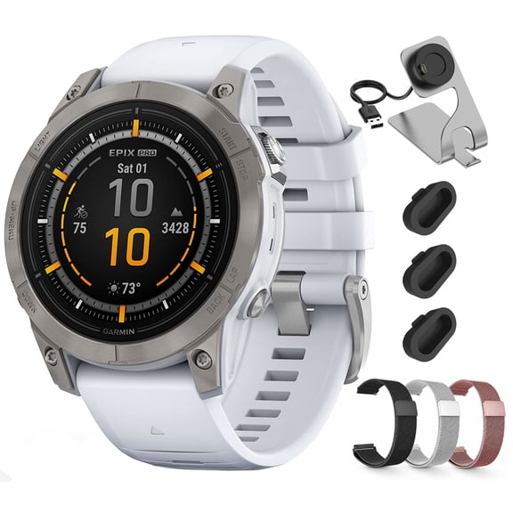Garmin Epix Pro (Gen 2), 47mm, Sapphire, Titanium, Whitestone 010-02803-20 Bundle with Deco Essentials 22mm Milanese Band For Venu 3S/265S/255S/Lily 2 3-Pack + Charging Dock + Silicone Dust Cover