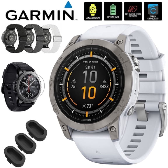 Garmin Epix Pro (Gen 2), 47mm, Sapphire, Titanium, Whitestone 010-02803-20 Bundle with Deco Essentials 3-Pack Nylon Elastic Bands, 3-Pack Silicone Dust Cover and Round Glass Screen Protector