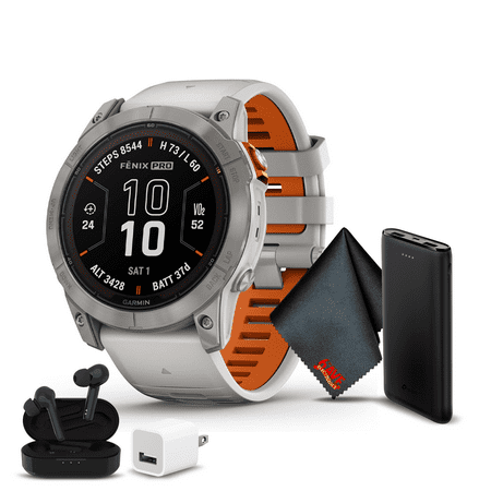 Garmin Fenix 7 Pro Sapphire Solar Edition 47 MM Titanium GPS Smartwatch with Fog Gray/Ember Orange Band Power Bundle