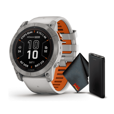 Garmin Fenix 7 Pro Sapphire Solar Edition Titanium with Fog Gray/Ember Orange Band 47 MM GPS Smartwatch Built-in Flashlight And Power Sapphire Solar Charging Lens And Advanced Training Features