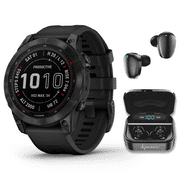 Garmin Fenix 7 Sapphire Solar Multisport GPS Touchscreen Smartwatch, Black DLC Titanium with Black Band with Wearable4U Black EarBuds Bundle
