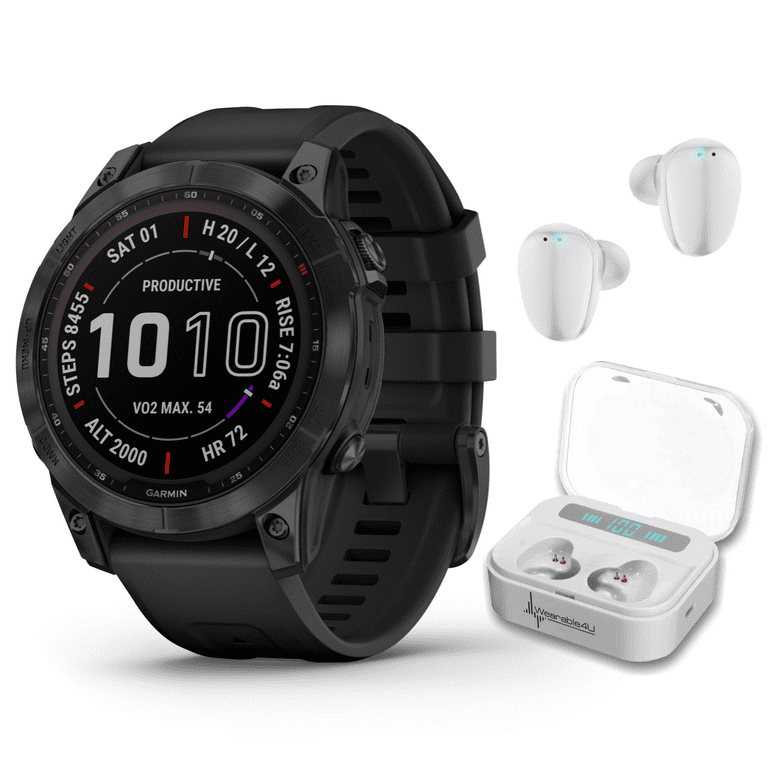 Garmin Fenix 7 Sapphire Solar Multisport GPS Touchscreen Smartwatch, Black  DLC Titanium with Black Band with Wearable4U Black EarBuds Bundle 